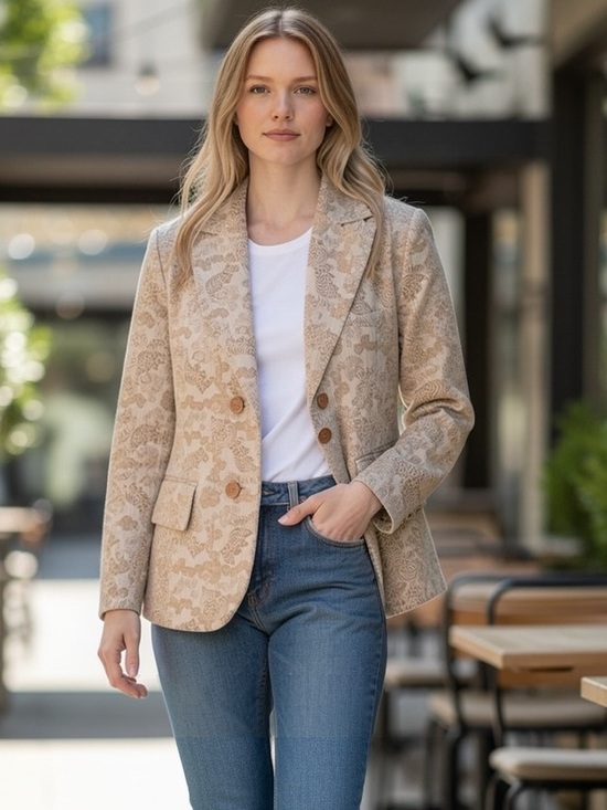 Ellen Tracy Jackets & Blazers - Ellen Tracy Tan Blazer with Notched Lapel and Abstract Pattern
